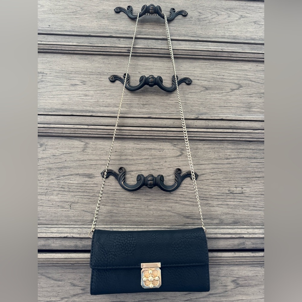 NEW Clutch Wallet on a Chain NWT Black Gold Leather Mini Bag Crossbody Shoulder
